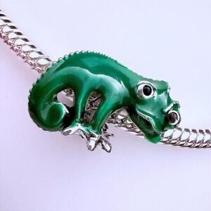 Green Chameleon Silver Bead Charm Fits Snake Chain Bracelet